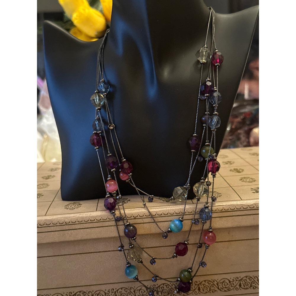 Multi Strand Beaded Layered Necklace Gunmetal Chain Jewel Tone Boho Statement